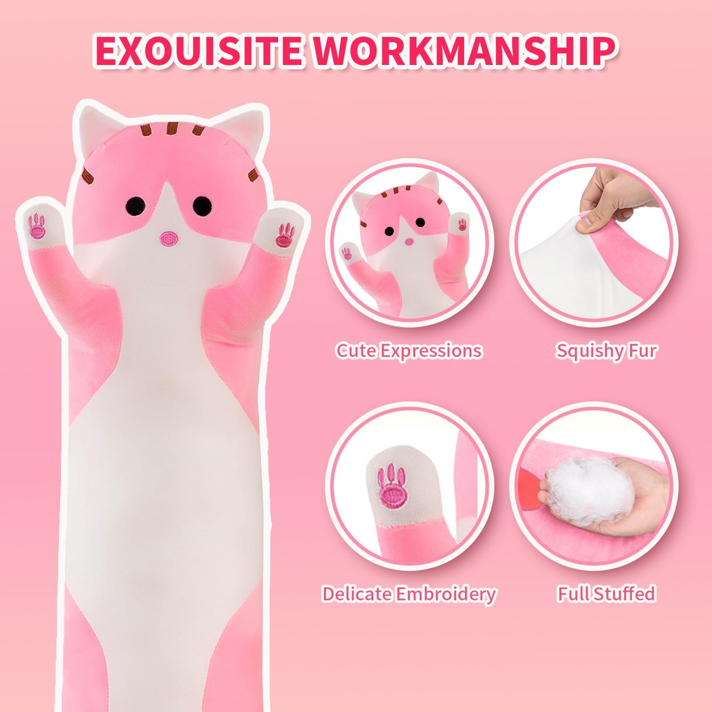 shangman Lovely Plush Cat Doll Cute Cartoon Soft Stuffed Kitten Long Throw Sleeping Pillow Doll Toy Gift for Kids Girlfriend Multiple Size (Pink,50cm/19.6in)