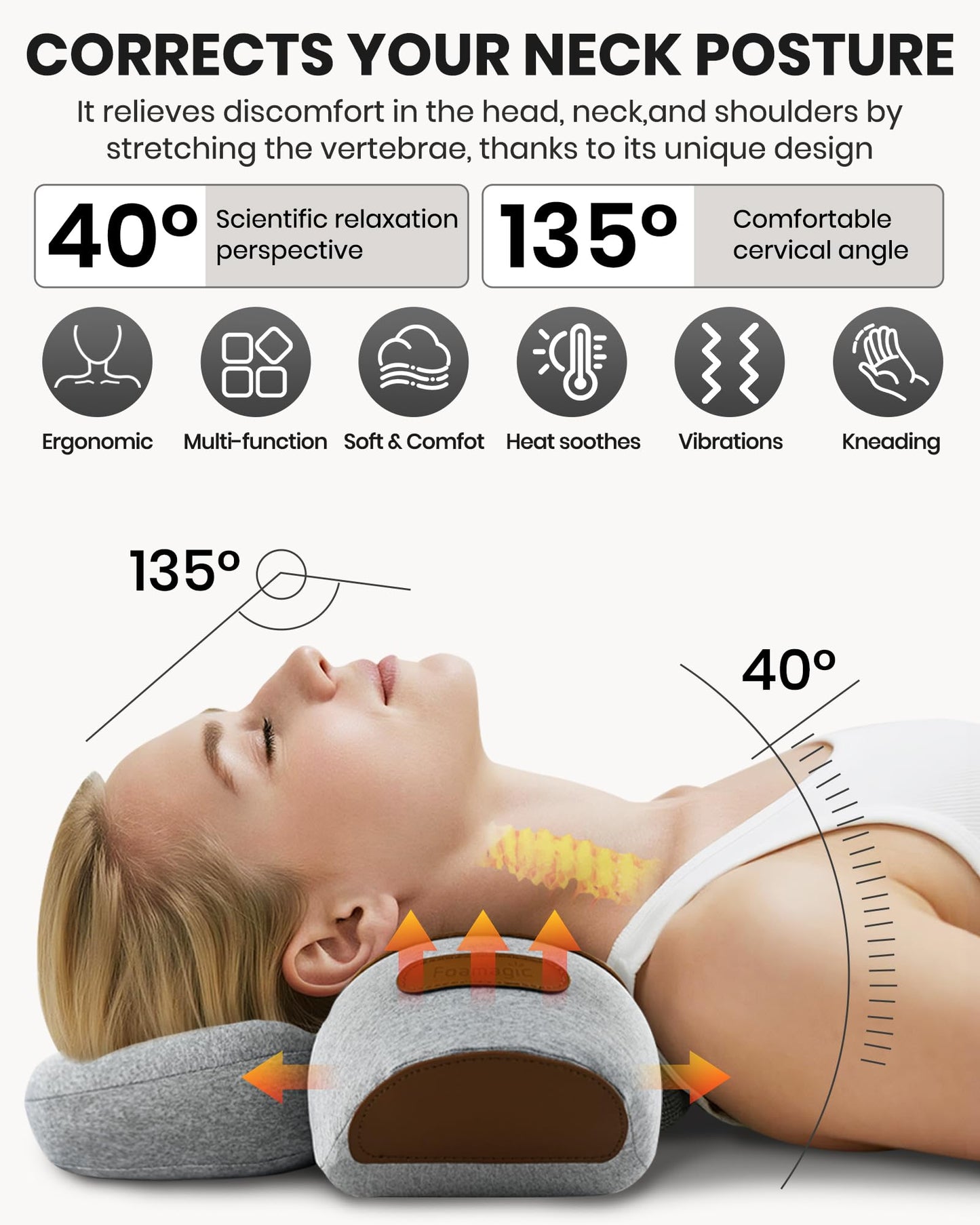 3-in-1 Neck Massager Pillow - Cervical Pillow Massage Neck Hump for Shoulder Pain Relief, Back Shoulder Massager with Kneading, Shiatsu Kneading Massage with Heating, Traction Function, Hump Corrector