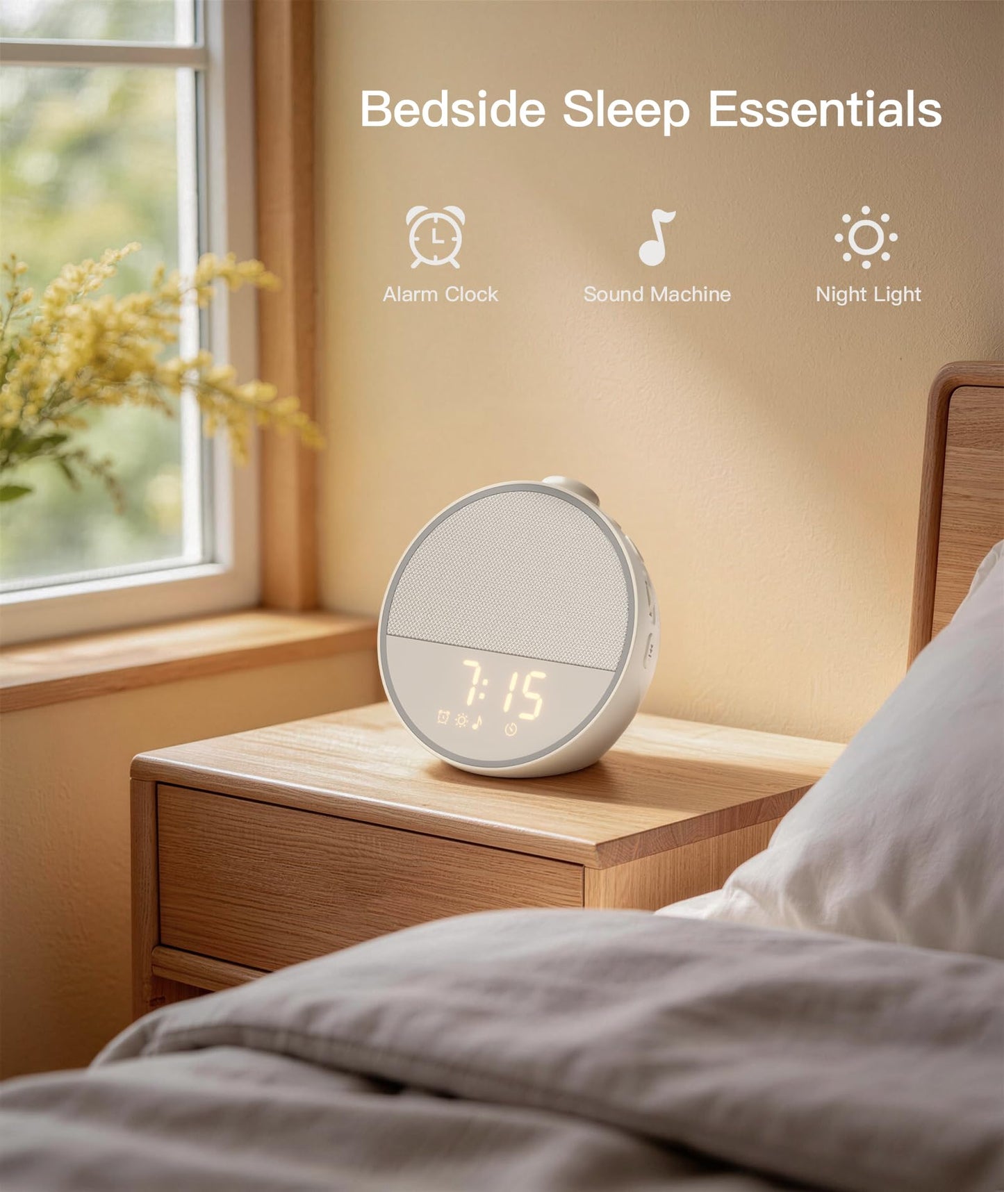 Narelu Sound Machine - Alarm Clock White Noise Sound Machine for Sleep, Night Light, 30 Soothing Sounds, 10 Gentle Alarms, Sleep Timer, Screen-Free Sleep Routine for Adults, Travel, Nightstand, Office