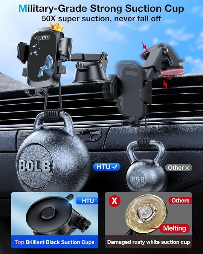 HTU [True Military-Grade] 2025 Upgraded Car Phone Holder 【Safety Certs & No Smell】 Cell Phone Holder for Car Mount for Dashboard Windshield Air Vent Long Arm Thick Case,Navy Blue