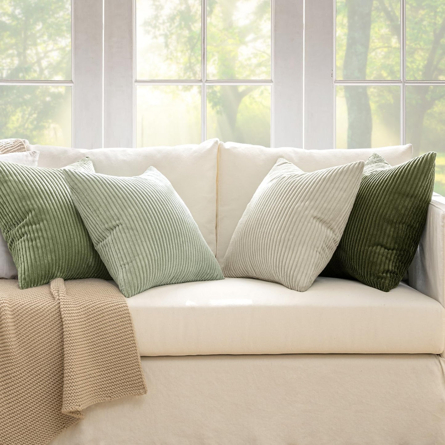 MIULEE Boho Farmhouse Throw Pillow Covers 20x20 Inch Set of 4 Mordern Neutral Green Cushion Covers Soft Corduroy Nordic Home Decor for Spring Couch Bed Sofa Living Room Green-White