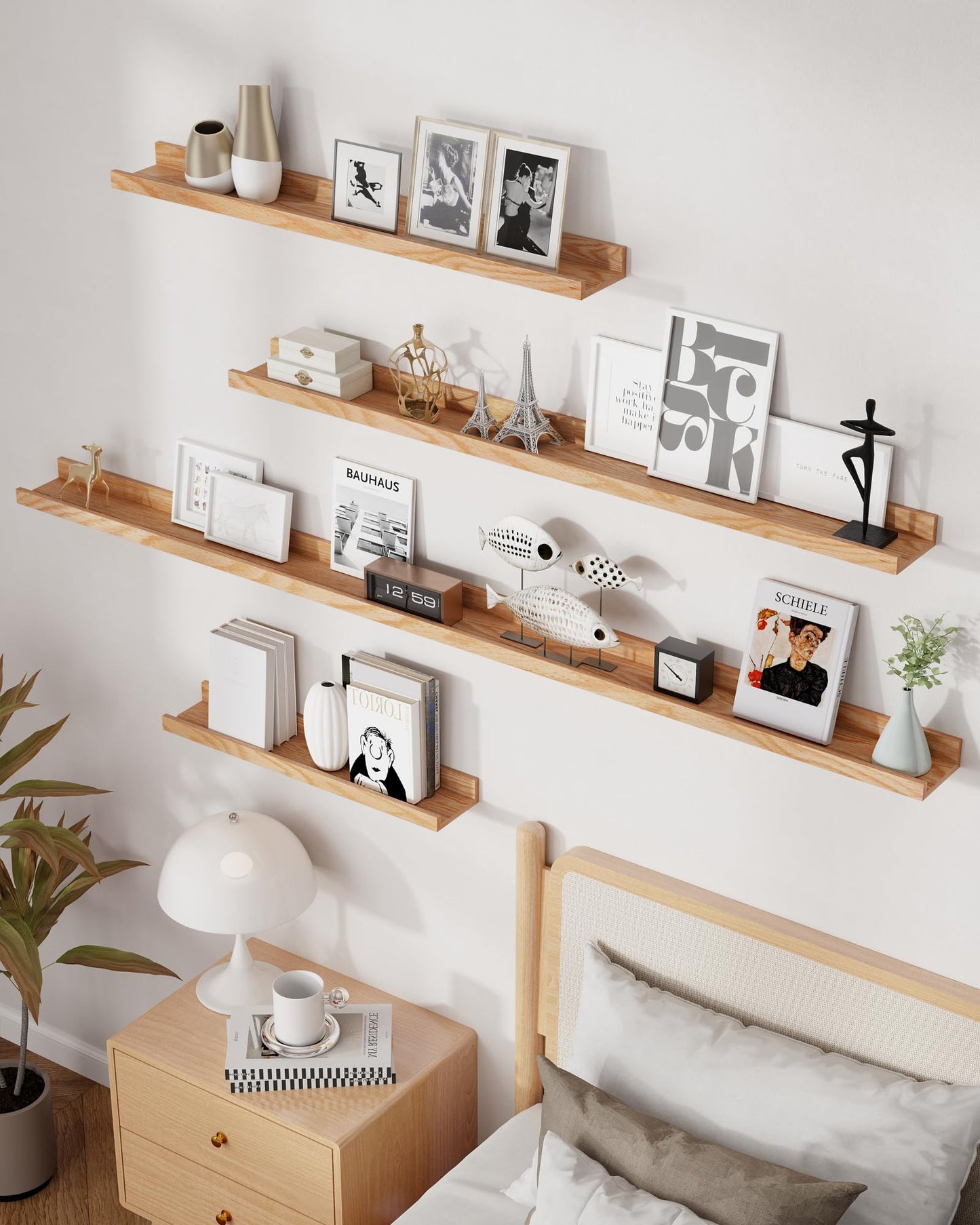 Axeman Oak Picture Ledge Shelf, 72 Inch Floating Shelves Set of 2, Solid Oak Wood Wall Shelves with Lip, Wall Decor Storage for Bedroom Living Room Bathroom Kitchen Nursery Photo Picture, Natural Oak