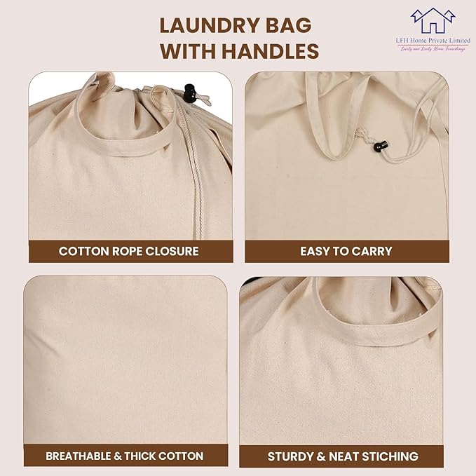 LFH Home Large Premium 100% Cotton Canvas Laundry Bag with Drawstring and Handles Heavy Duty, Multi-Use, and Washable for Home, Travel, College or Storage 20x30 (Pack of 6)-Natural