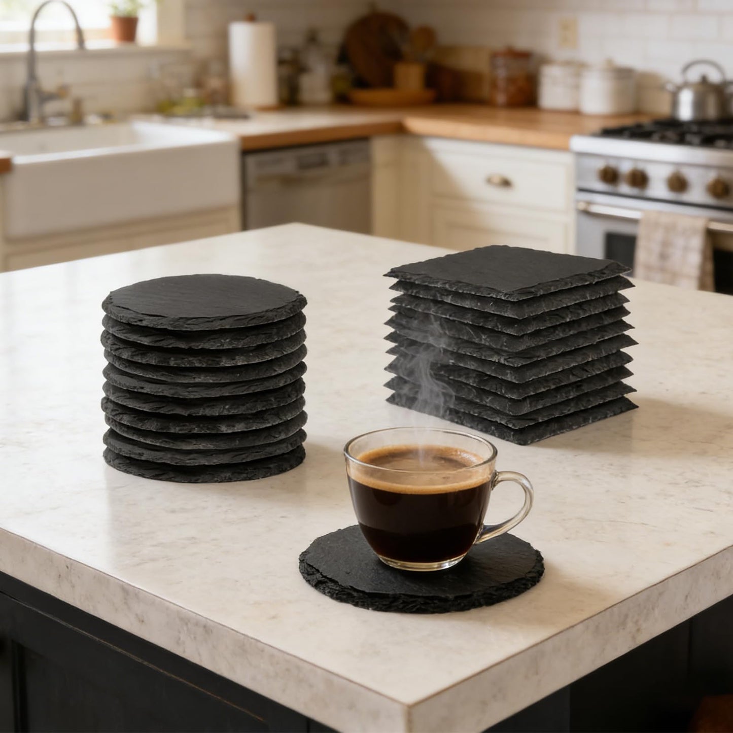 24 Pieces Slate Coasters, Diameter Size 4 inch Black Coasters Stone Coaster Set, Perfect for use in Your Home, Office, Kitchen,bar,Christmas or Anywhere.（12 Square Pieces+12 Round Pieces）