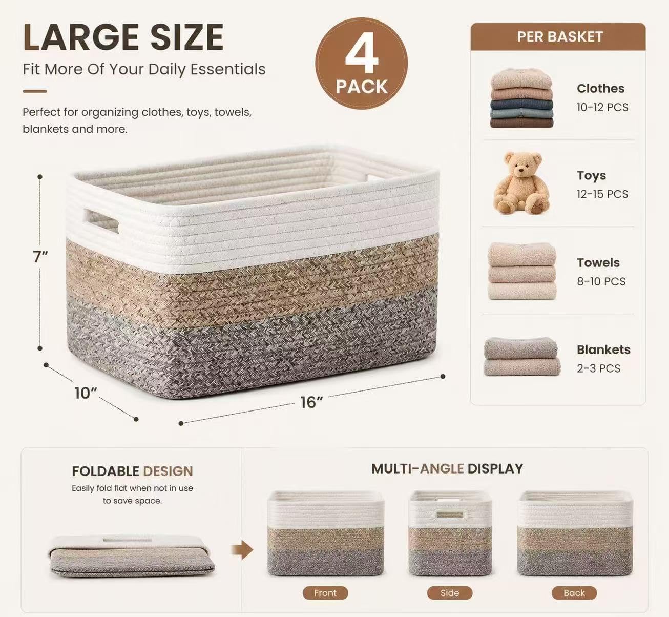 Set of 4，15.8"×13.7"×7.8"Cotton Rope Baskets for Shelves, Woven Storage Baskets for Organizing - Closet, Nursery, Bedroom, Playroom Books, Clothes