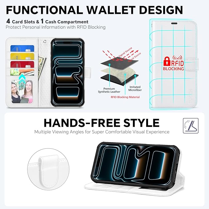 TUCCH 2-in-1 Detachable Wallet Case for iPhone 17 Pro (6.3-inch) 2025, Wireless Charging | RFID Blocking 4 Card Holder | Wrist Strap | Kickstand | Magnetic | PU Leather | Protective Flip Cover | White
