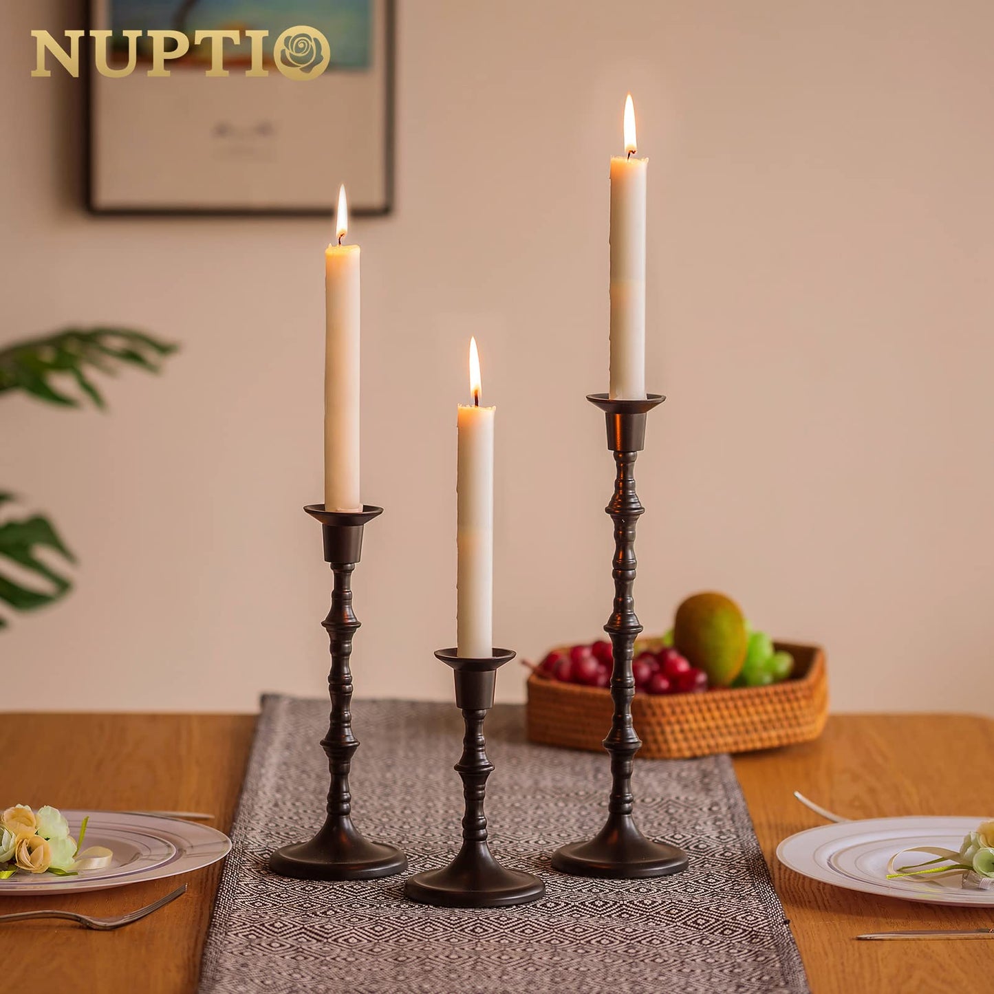 NUPTIO Candle Stick Holders for Centerpeice: Set of 6 Matte Black Taper Candlestick Holders - Bulk Antique Tall Candleholder for Easter Shabbat Table Fireplace Decor