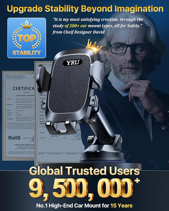 YRU [True Upgrade for Safety] Car Phone Holder Mount [Patent & Military-Grade] Dashboard Cell Phone Holder for Car Vent Windshield Phone Stand for iPhone 17 16 15 14 13 Pro Max Truck Samsung, Black