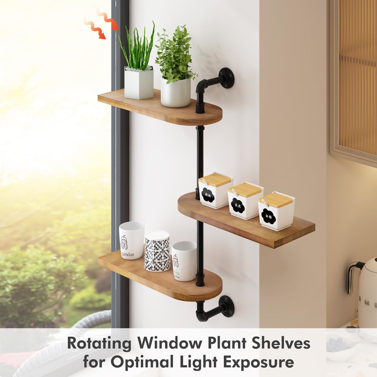 OtGalk 3-Tier Rotating Window Plant Shelf,Wooden Indoor Plant Stand