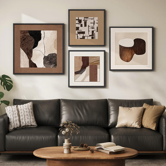 Large Framed Neutral Abstract Wall Art for Living Room, 4 Piece Beige Brown Canvas Prints Paintings Artwork for Walls, Earth Tone Modern Minimalist Pictures for Dining Room Bedroom Office Wall Decor
