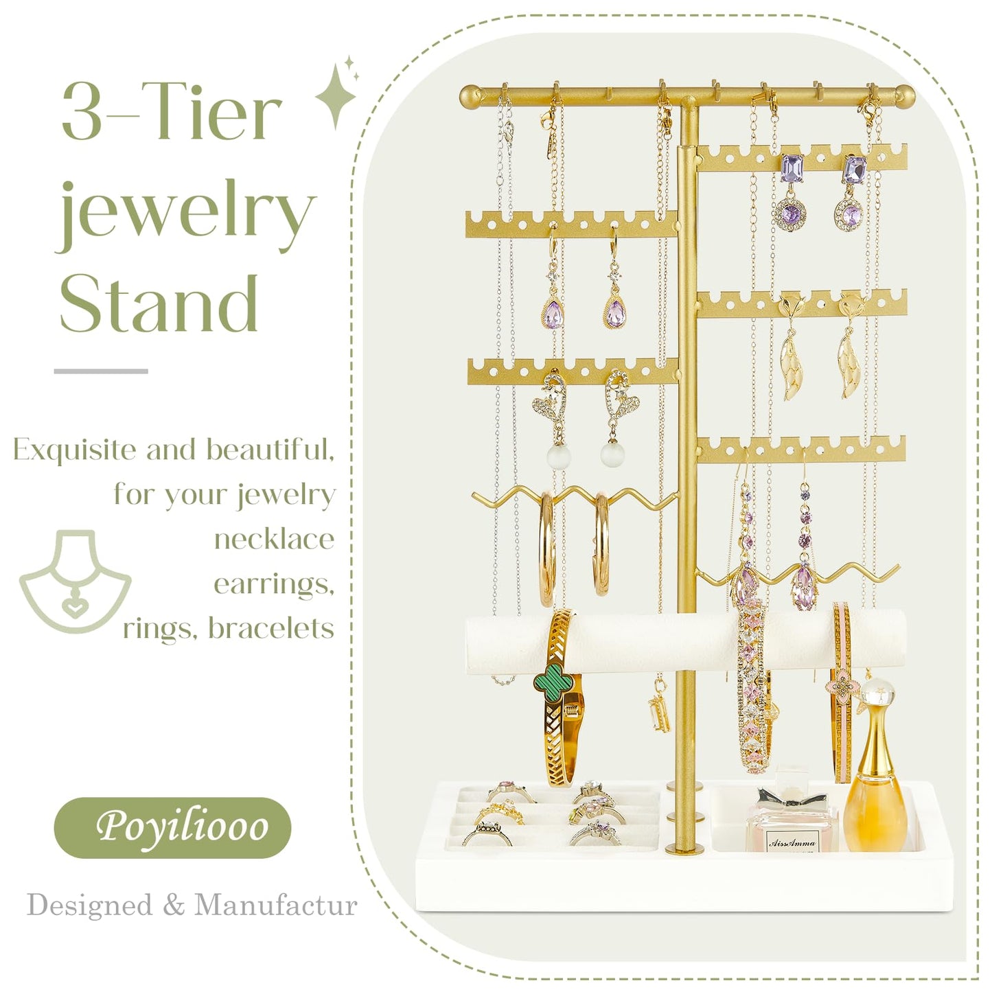 Poyilooo Earring Holder Jewelry Stand, 3 Tier Jewelry Organizer with Ring Holder Tray for Necklace Earring Keychains Bracelet Rings Display Jewelry Tree Stand (Whitegold)
