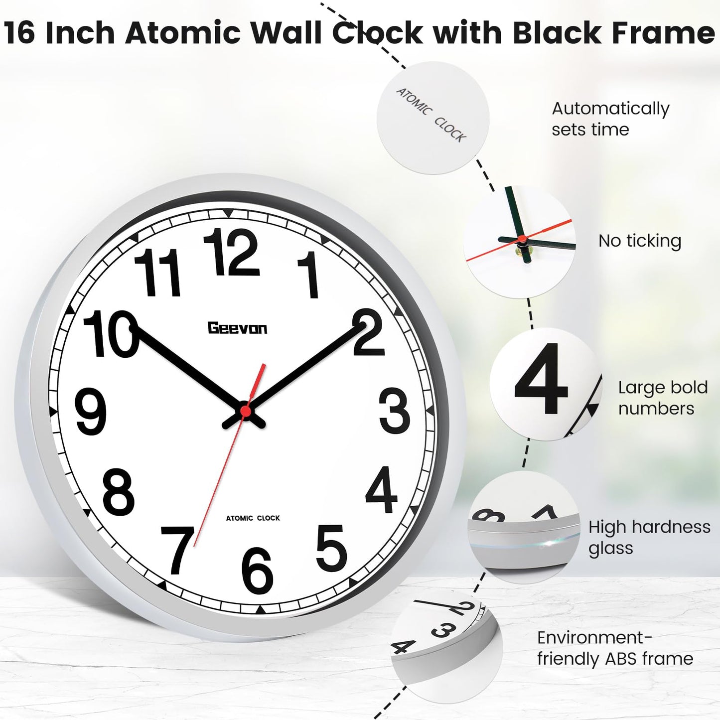 Geevon 16 Inch Atomic Wall Clock - Self-Setting Analog Clock with Automatic Time Sync - Battery Operated for Home Office School - Silver Frame