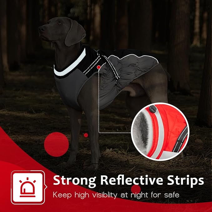 Abuandi Dog Winter Coat with Harness, Dog Jacket, Pet Clothes with Zipper on Back, Waterproof Windproof Warm Vest, Reflective Cold Weather Coats, for Small Medium Large Dogs, Thick, Red, 3XL