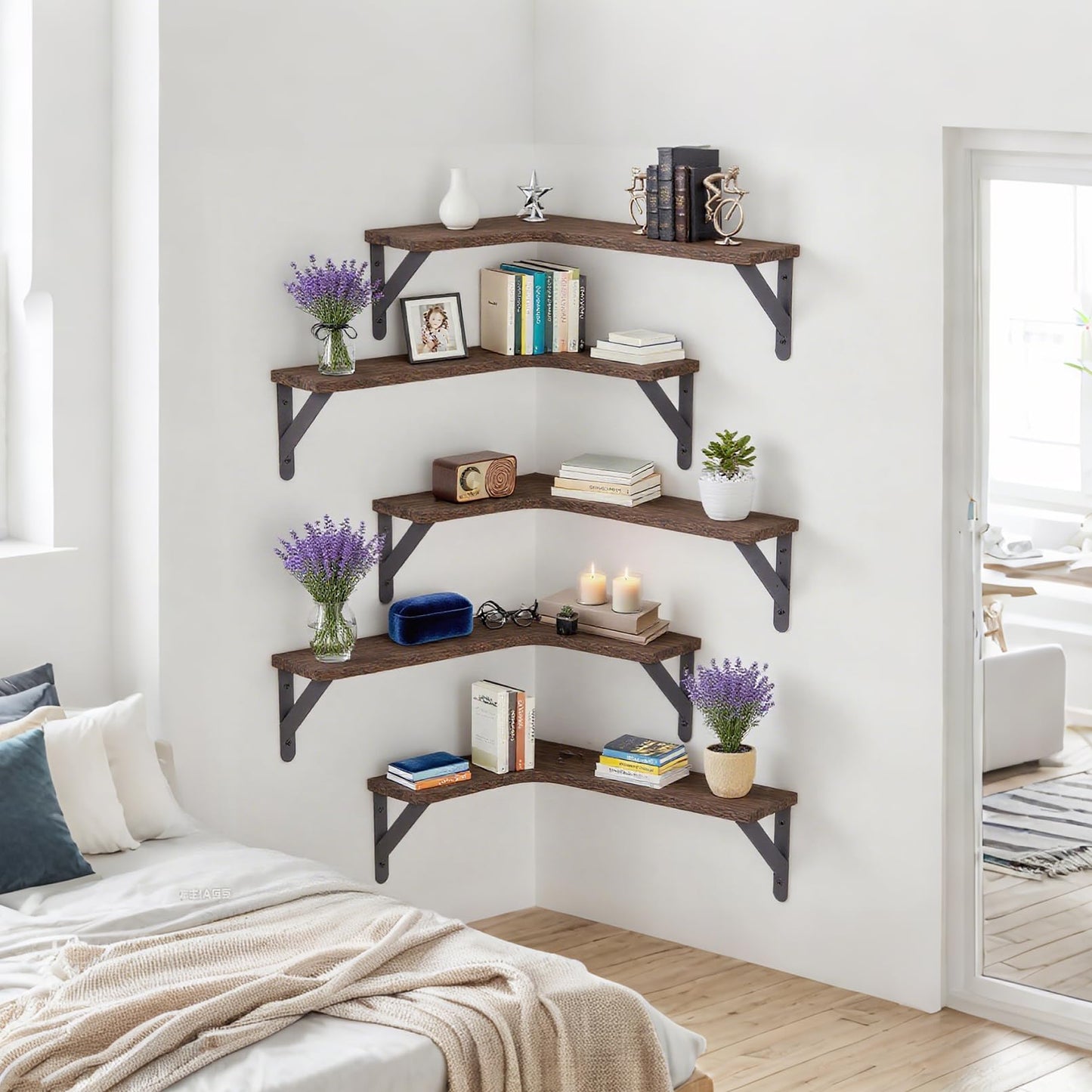 RAIHOMKIT Corner Floating Shelves Set of 5, Rustic Wood Shelves for Home Decor, Wall Mounted Storage Corner Shelf for Bedroom Kitchen Living Room Bathroom Office, Dark Brown