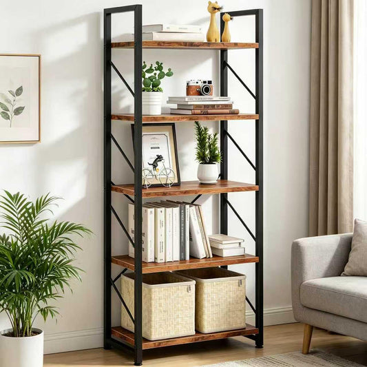 JAMFLY 5 Tier Bookshelf, Classical Modern Industrial Bookcase, Metal Frame Storage Organizer with Sidebars, Multipurpose Display Shelves for Living Room Bedroom Home Office, Vintage Brown