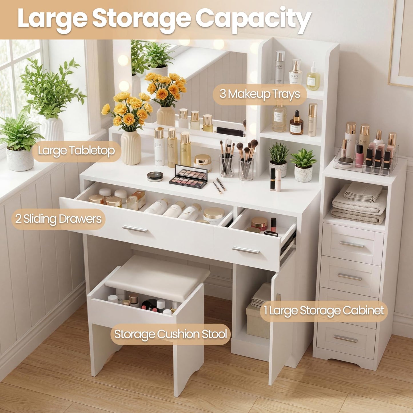 ALAULM Makeup Vanity with Storage Stool, Vanity Desk with Furniture Shelves and 1 Cabinet, 3 Lighting Modes with Adjustable Brightness, Vanity with Backplane Cable Hole for Bedroom, White