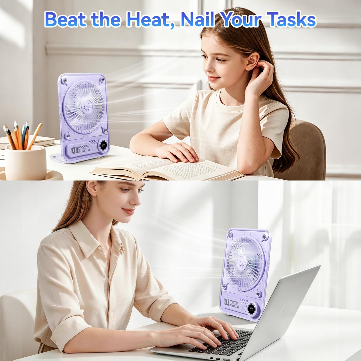 VAVOFO Small Desk Fan Personal Fans 8.6 Inch, Rechargeable 2000mAh Battery Operated Portable Fans, 3 Speeds Adjustable Ultra Quiet Fan For Office, Bedroom, Outdoor (Purple, 2000mAh)