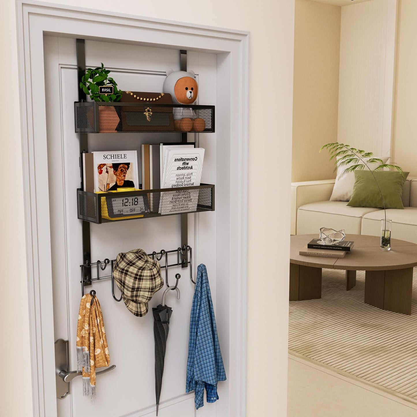 HapiRm Over the Door Hanger with Coat Hooks and 2 Baskets, Rustproof & Waterproof Over the Door Hooks, Storage Organizer for Hats, Bathroom, Kitchen, Bedroom, RV, Camper-Black (for 1.76in Doors)