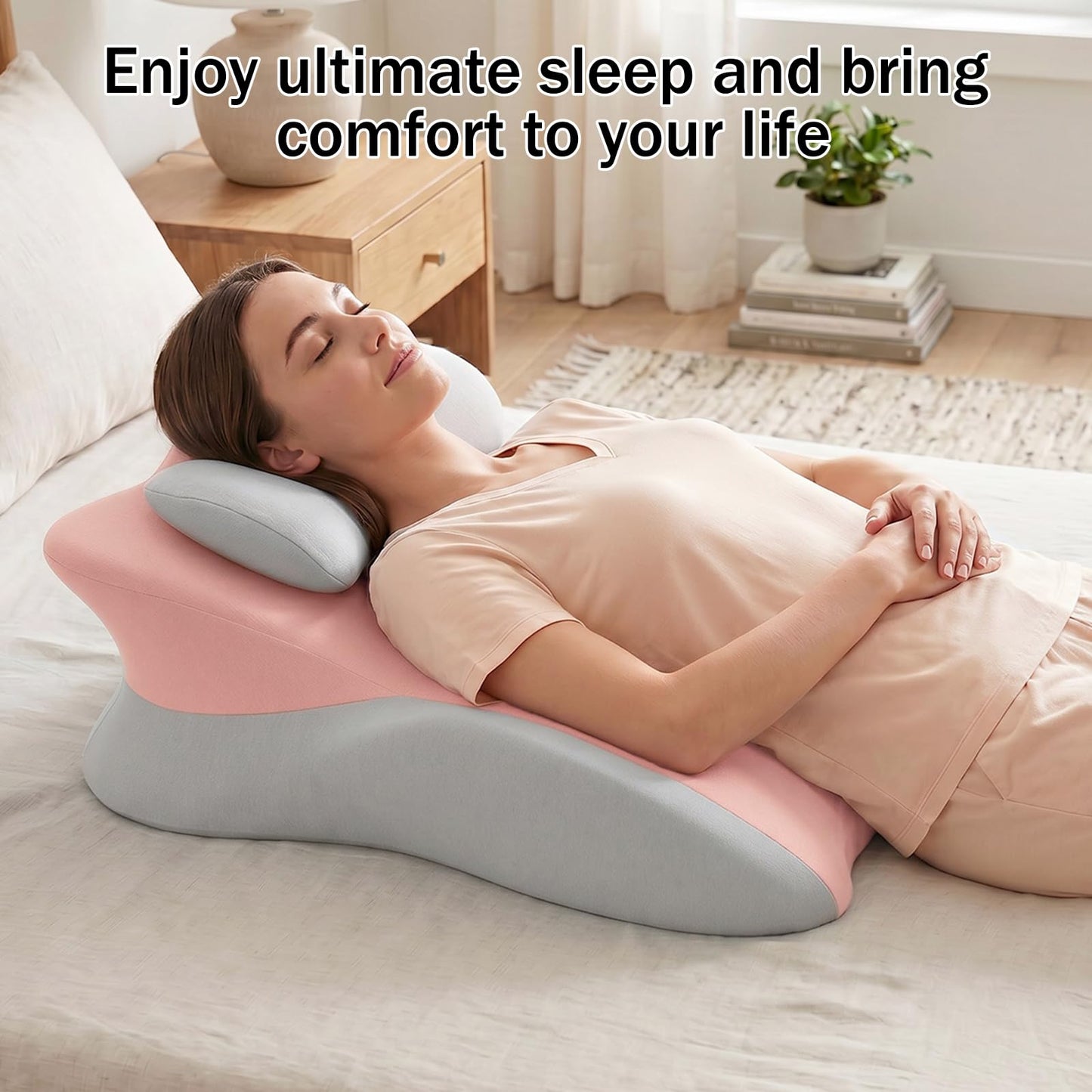 cjc Ergonomic Memory Foam Wedge Pillow 27° Support for Neck,Back and Waist,Multi-Position Bed Support Pillow with Removable Cover (Pink Gray)