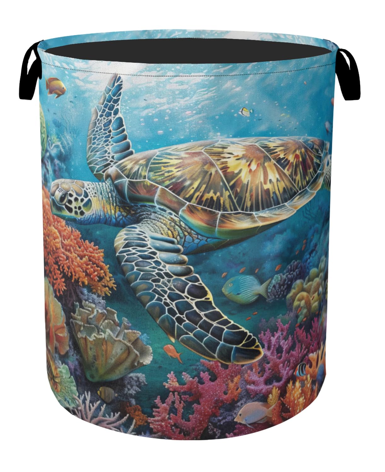 Sea Turtle Foldable Canvas Laundry Basket with Handles - Storage Organizer, Heavy Duty for Home，Bedroom, Dorm, Bathroom