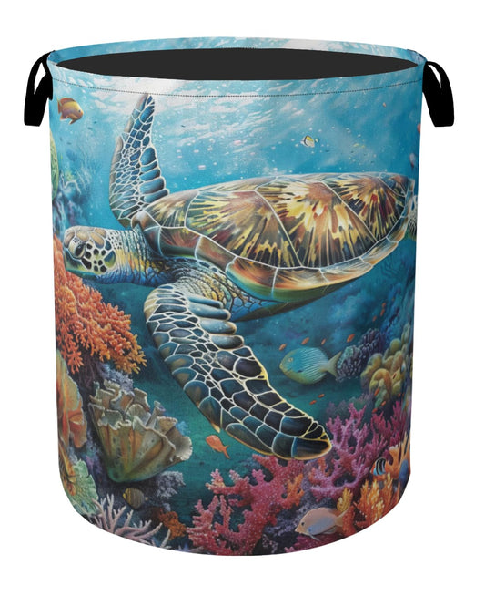 Sea Turtle Foldable Canvas Laundry Basket with Handles - Storage Organizer, Heavy Duty for Home，Bedroom, Dorm, Bathroom