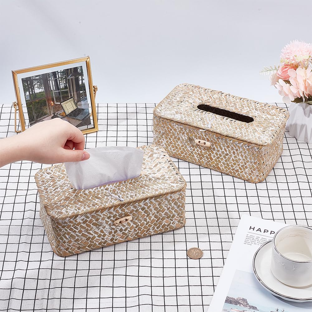 INFUNLY 2 Pcs Rattan Tissue Box Cover Rectangle Wicker Tissue Box Holder 9x5x4 Inch Boho Napkin Box Cover Natural Seagrass Storage Basket for Toilet Tank Bathroom Living Room Office Desk