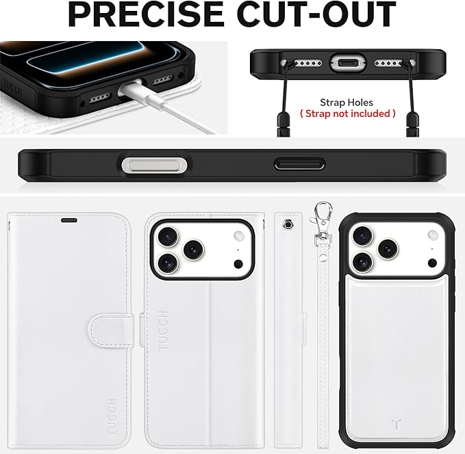 TUCCH 2-in-1 Detachable Wallet Case for iPhone 17 Pro Max (6.9") 2025, Wireless Charging | RFID Blocking 4 Card Holder | Wrist Strap | Kickstand | Magnetic | PU Leather | Protective Flip Cover | White
