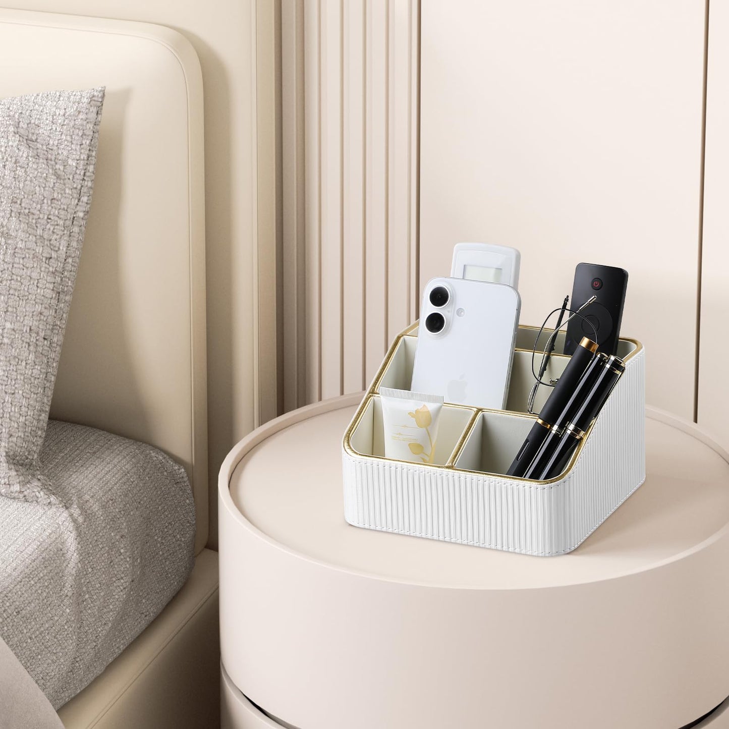Cretkhp Remote Control Holder with 4 Compartments, PU Leather Small Nightstand Organizer for Home Desk Accessories Office Supplies, Multifunctional Stylish Small Bedside Desktop Organizers (White)