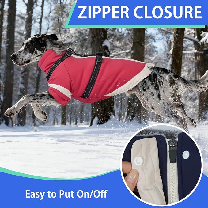 MIGOHI Waterproof Dog Coat with Harness Adjustable Dog Jacket Pet Winter Coat with Zipper,Christmas Small Fleece Jacket for Small Dogs,Extra Long Sleeves Warm Winter Snowsuit for Dogs,M,Pink