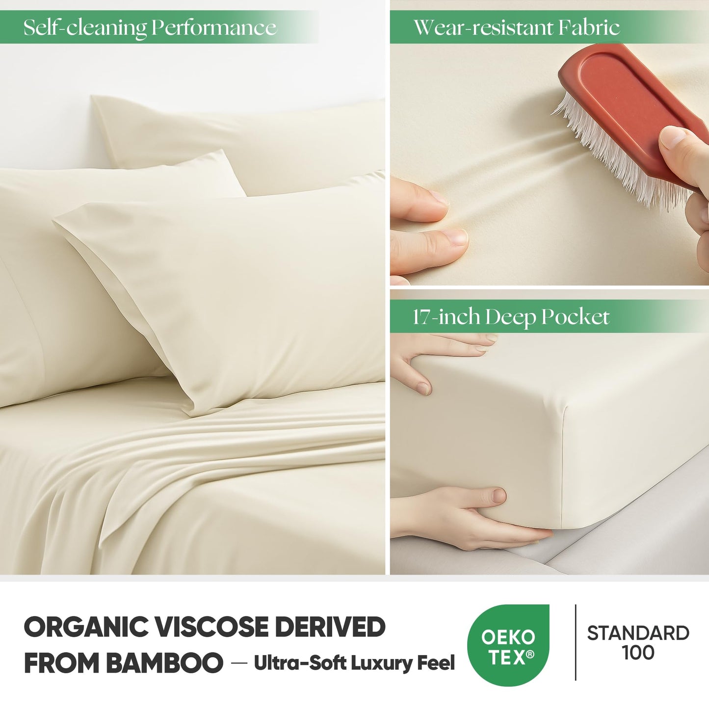 GroundBam Silver Infused Bed Sheets Set, Temperature-Regulating Fabric with Self-Cleaning Technology for 3X Freshness Sleep, Genuine 100% Organic Viscose Derived from Bamboo (Offwhite, Queen)