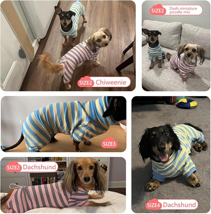 HowlyWoof Dachshund Dog Shirt, Thin Striped Base Layer Onesie for Wiener Dogs, Lightweight All-Season Wear, Soft & Comfy Fit for Doxie and Short-Leg Breeds (Pink&Grey, Size 2 (11-16 lbs))