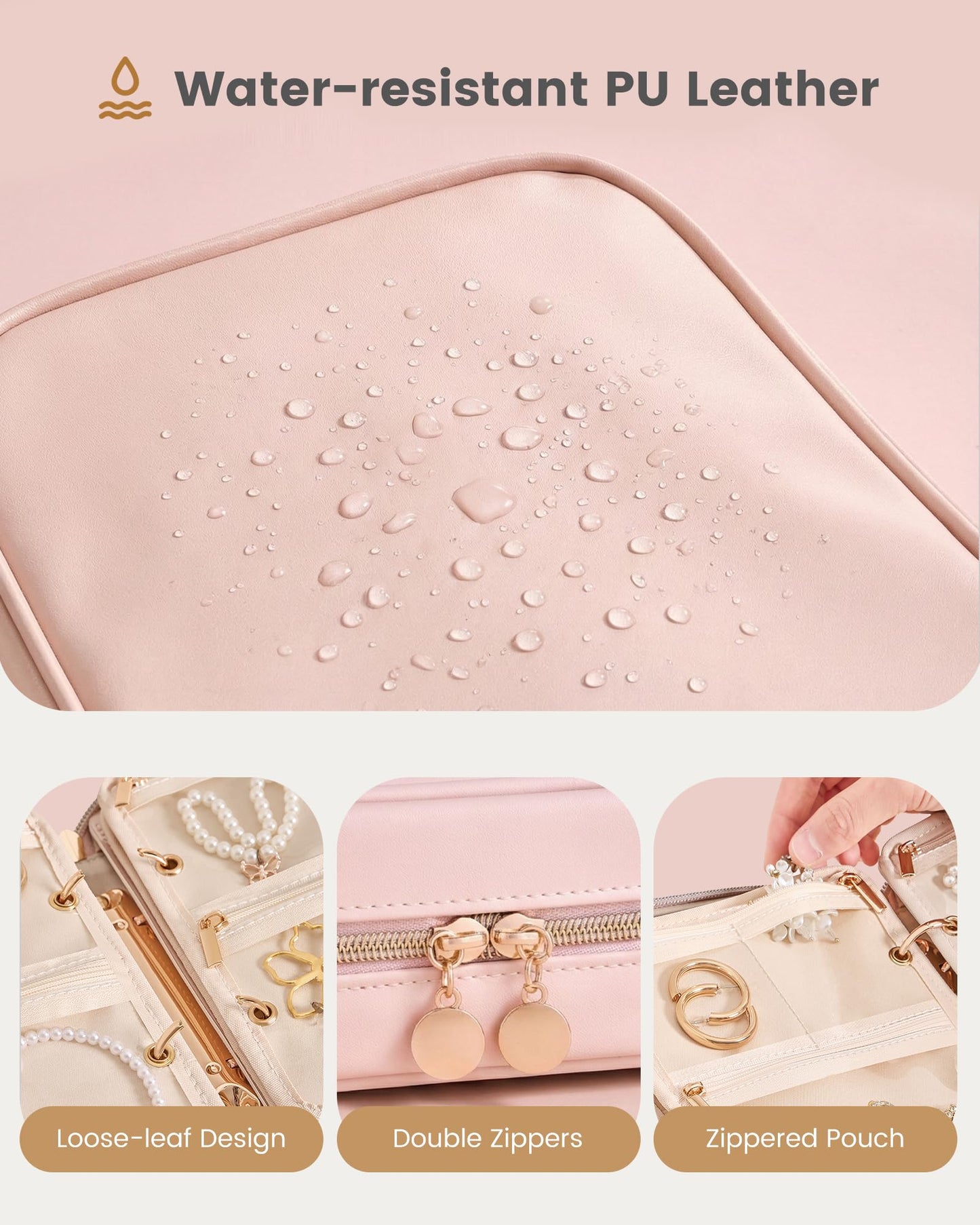 Lolalet Travel Jewelry Notebook Organizer Case, Large Jewelry Binder Book with Individual Pouches, Portable Leather Zippered Bag for Storage of Earring, Ring & Necklace, Gift for Women -Apricotpink