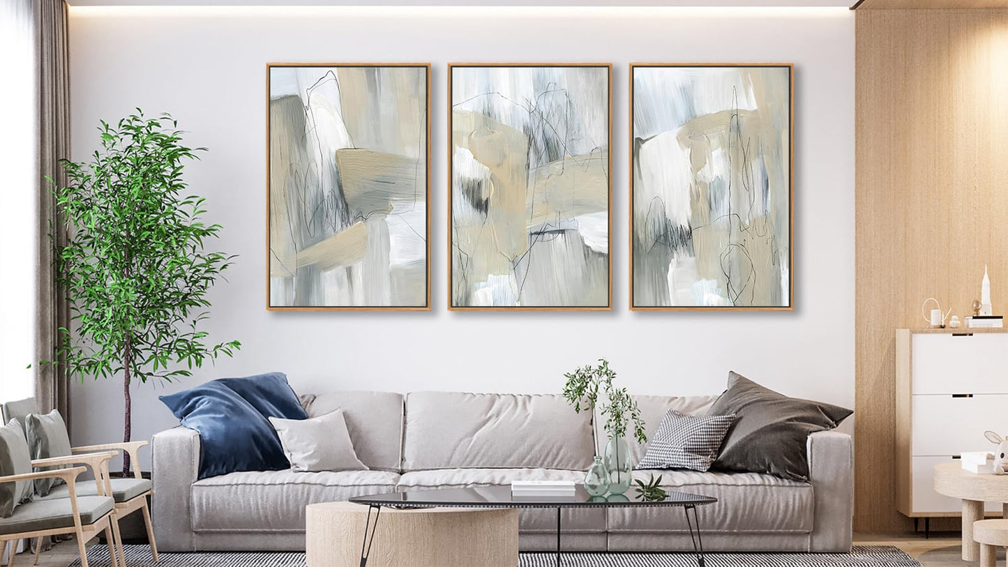 Large Framed Abstract Wall Art for Living Room Decor, Beige, 24X36inX3pcs, Neutral Abstract Painting Artwork Wall Picture, Modern Wabi-sabi Canvas Art Prints for Bedroom Bathroom Office Home