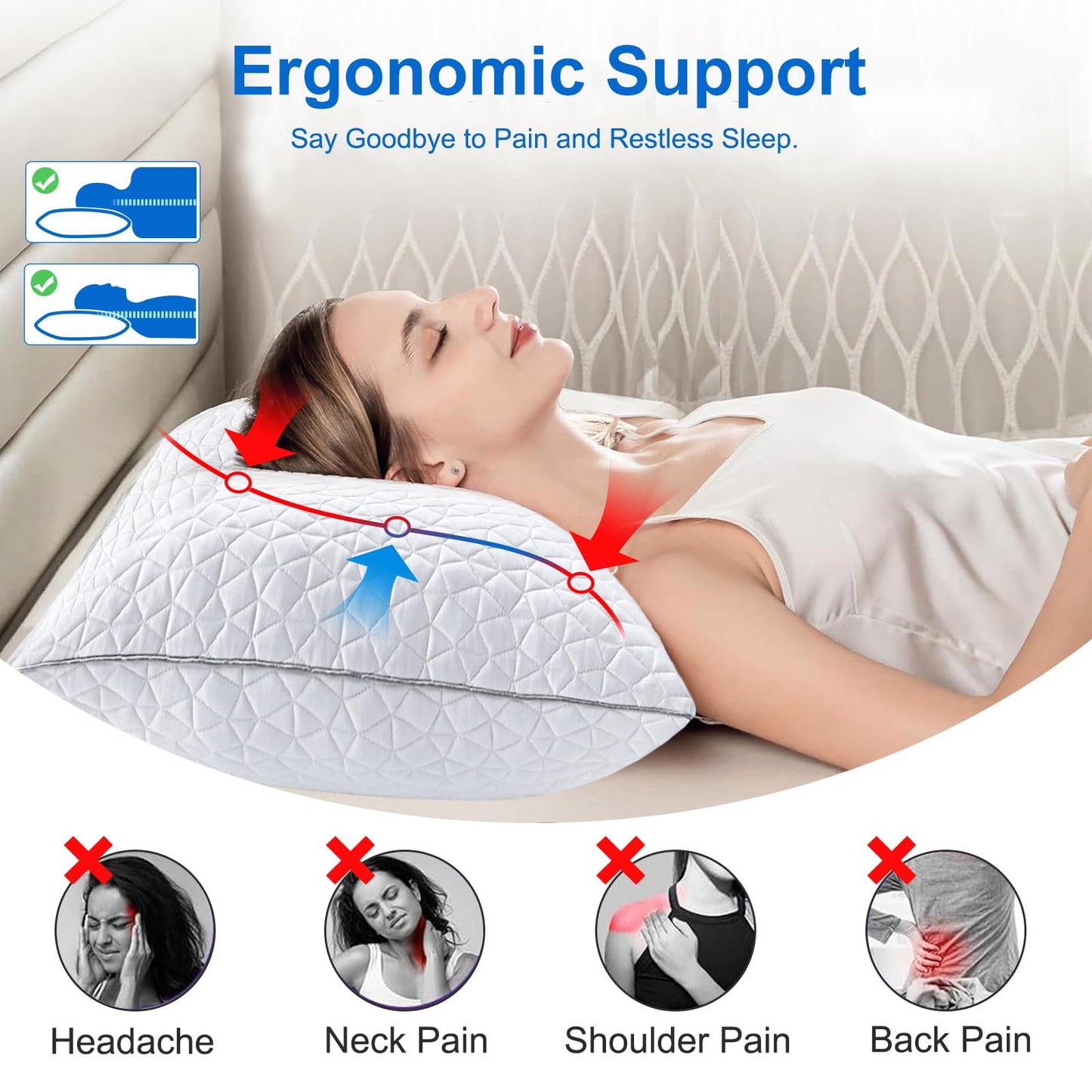 Cooling Pillows Queen Size Set of 2, Shredded Memory Foam Pillows, Adjustable Firm Bed Pillows Cool Cold Pillow for Hot Side Back Stomach Sleepers with Removable Washable Cover, 20" x 30", White