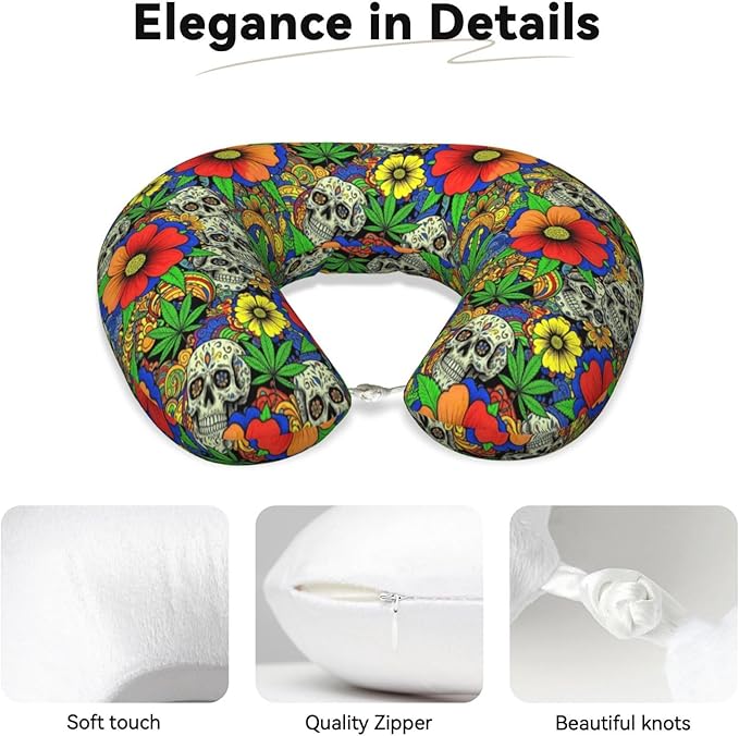 Neck Travel Pillow, Women Men Washable Airplane Car Pillows Pot Leaf Skull Weedleaf, Head Support Rest U Shaped Cushion Comfortable for Watching TV