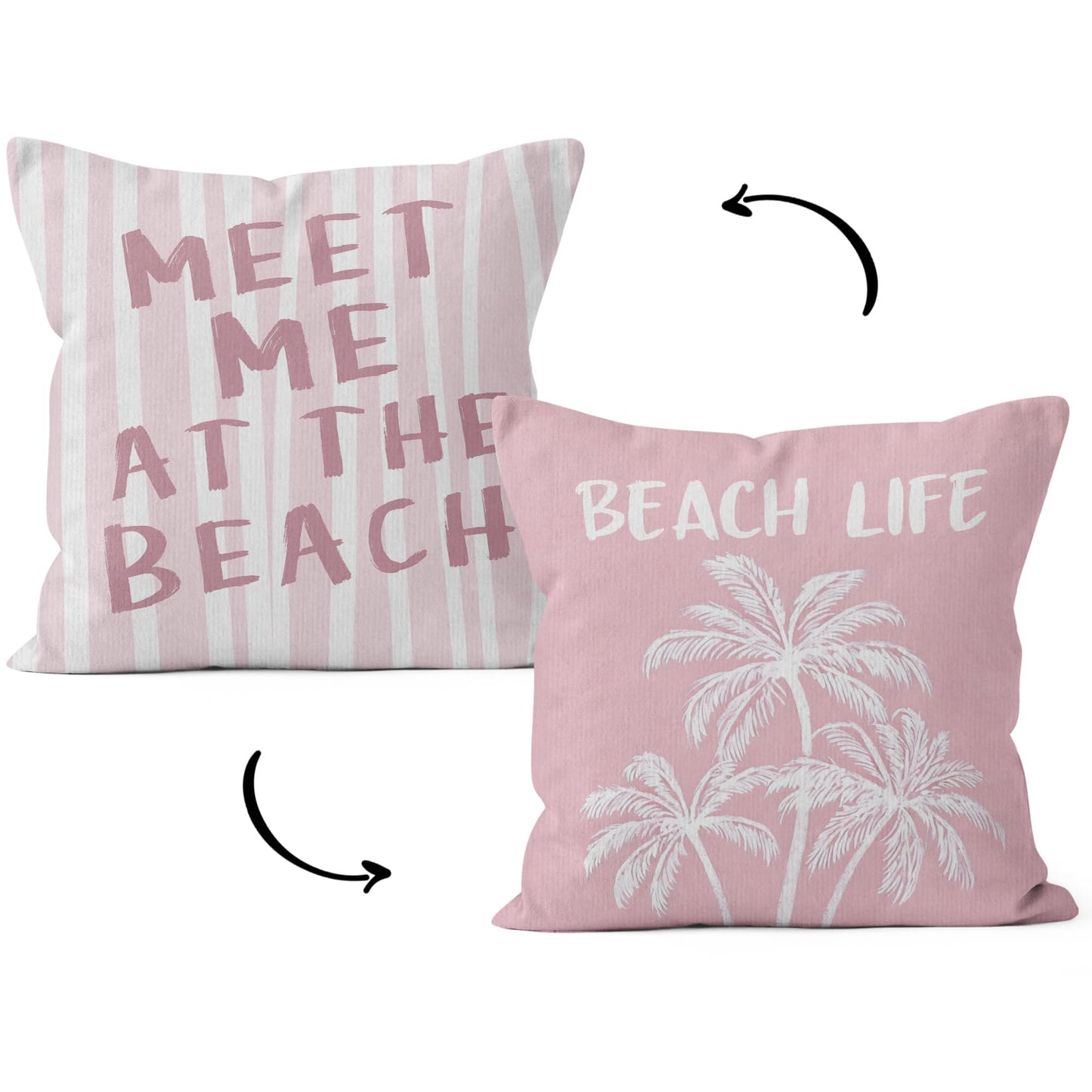 HIWX Pink Coastal Beach Pillow Covers 18x18 Double-Sided, Beachy Room Decor Aesthetic, Preppy Pink Meet Me at The Beach Palm Tree Decorative Pillow Covers for Couch Bed Girls Room Bedroom Dorm Decor
