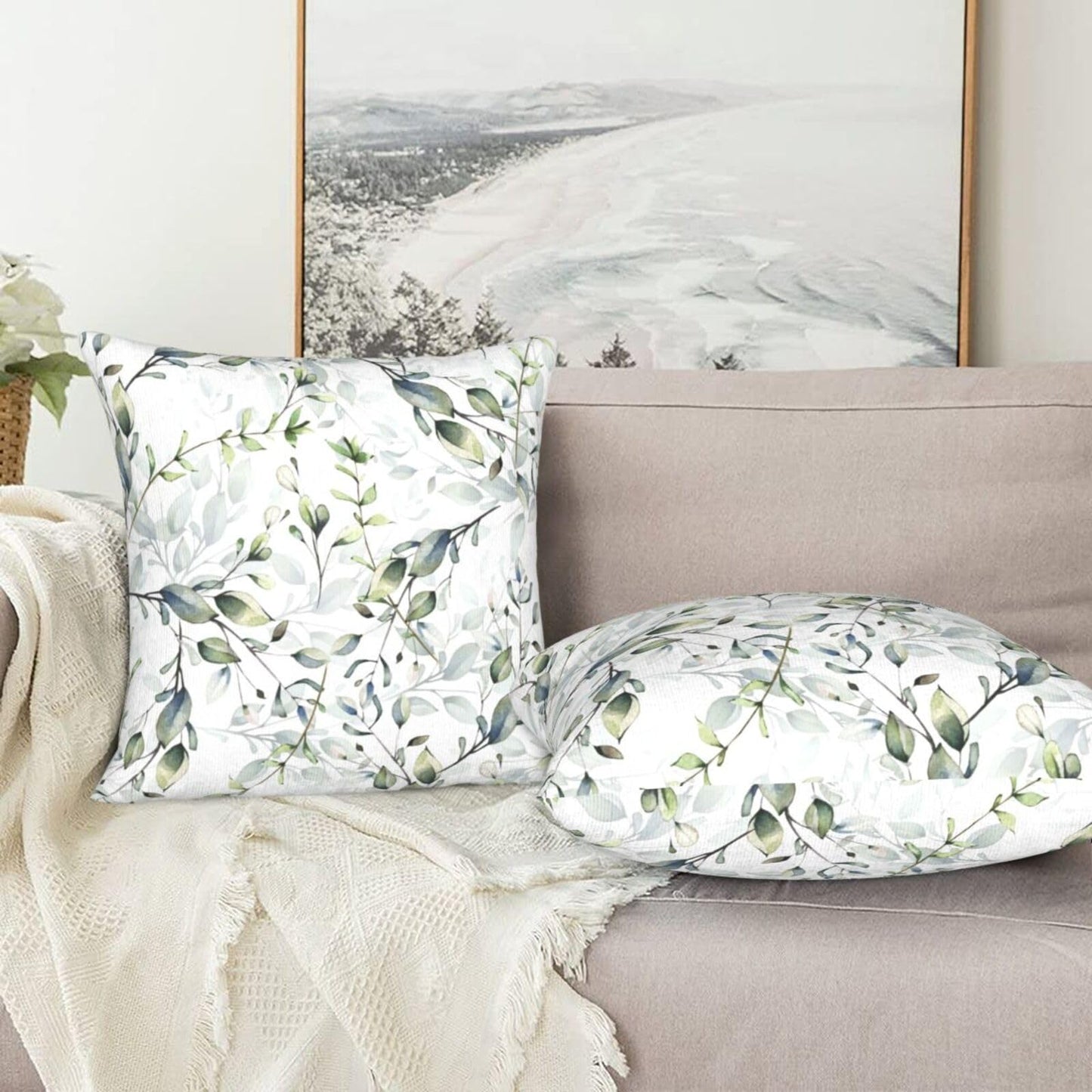 Coshatsu Spring Pillow Covers 18 x 18 Inch Set of 2,Sage Green Cream Wild Flower Plant Throw Pillows Case,Modern Seasonal Decorative Square Farmhouse Decor Cushion Covers for Home Sofa Bed Couch
