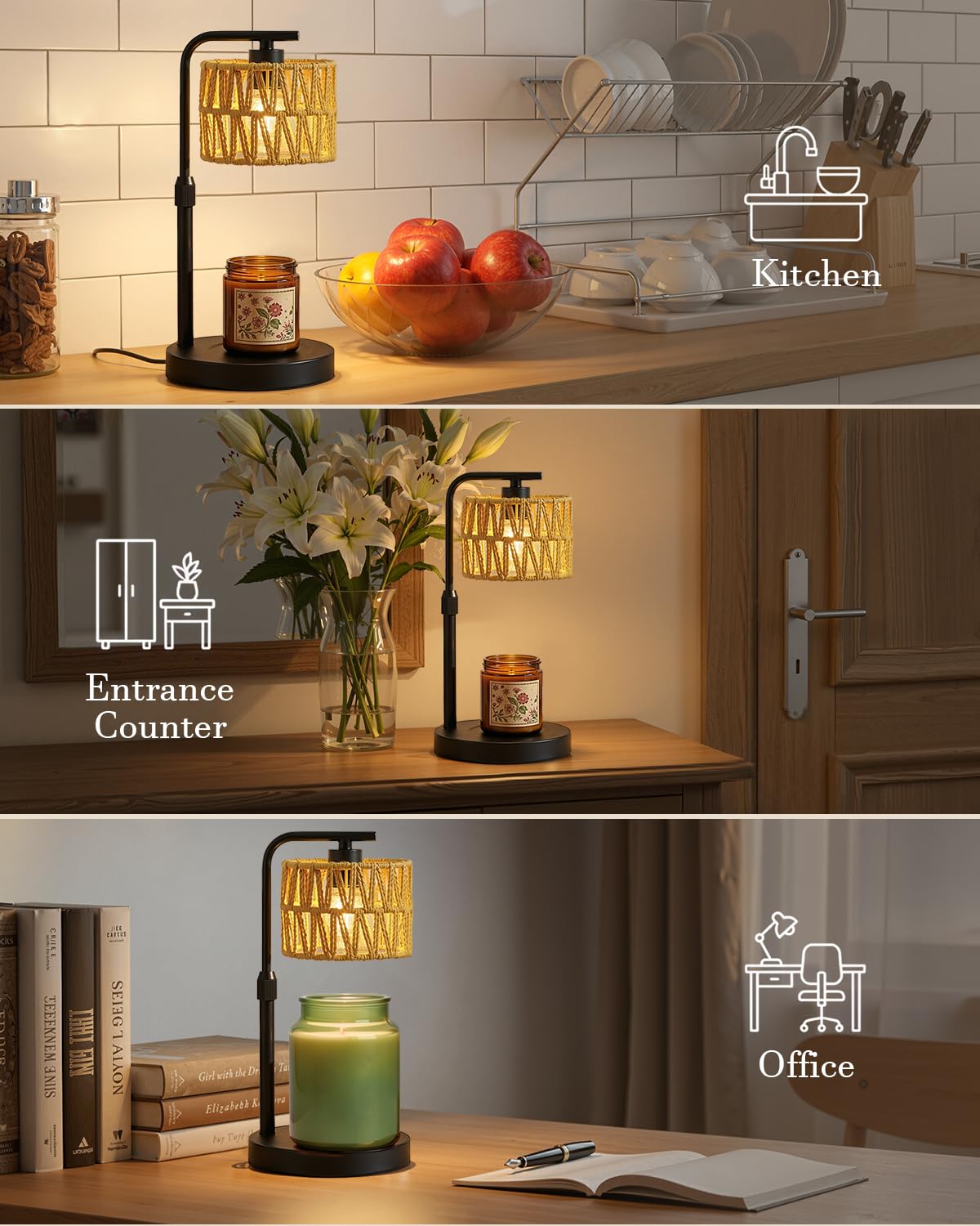 Candle Warmer Lamp, Timer Dimmable Candle Lamp, Adjustable Height and Brightness Candle Warmer, Boho Rattan Lampshade and 2 Bulbs, Suitable for Home Decor, Birthday Gifts for Women Mom (Black)