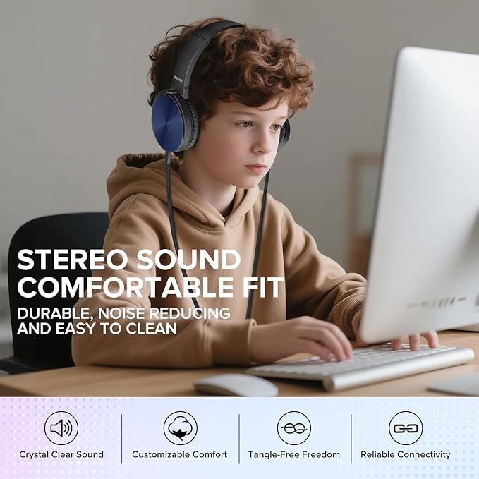 Kids Headphones Bulk 5 Pack Mixed Colors,On-Ear Premium Student Bulk Headphones,Comfy Swivel Earphones for Classroom School Library Airplane,Noise Stereo Sound 3.5mm Jack(HTC004)