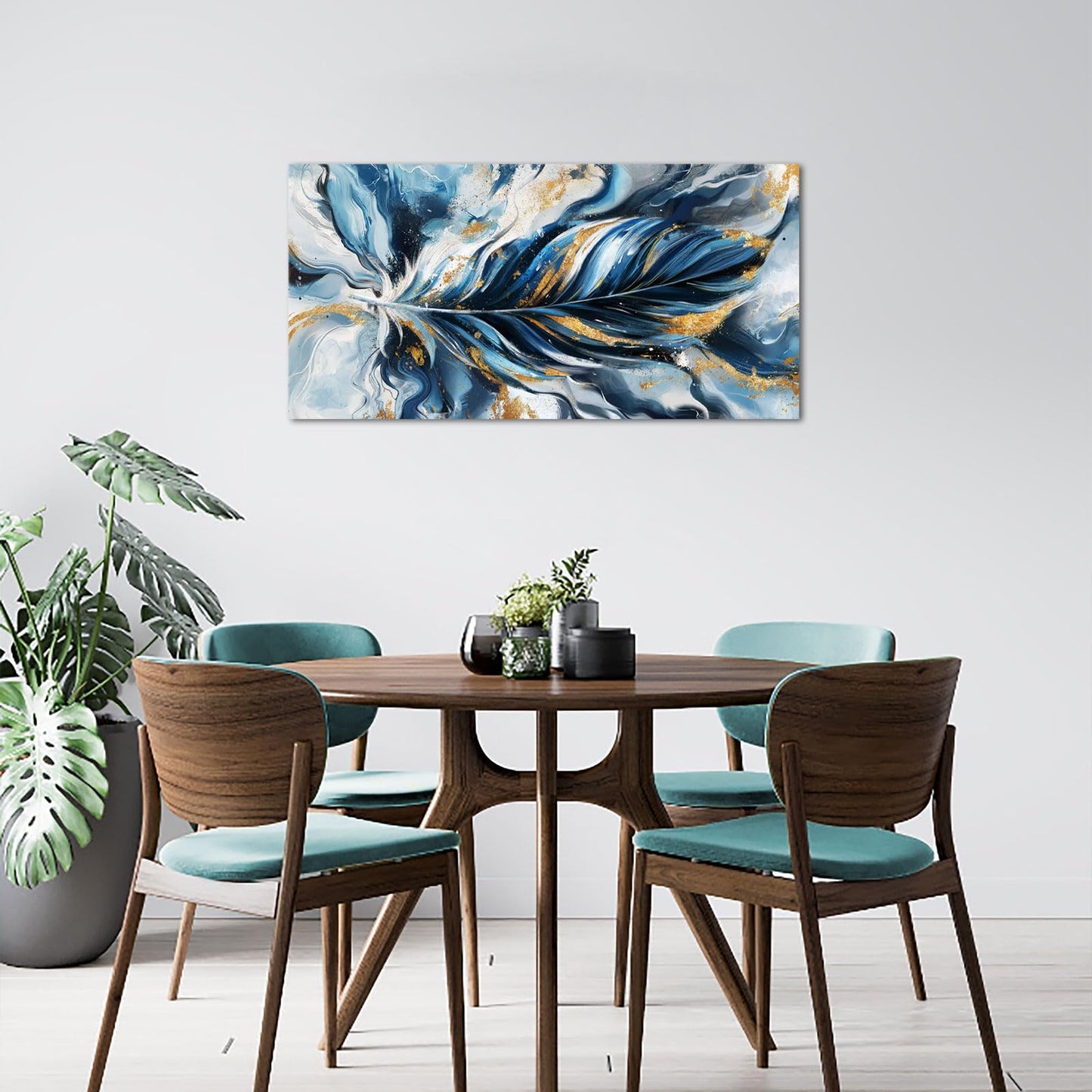 Biuteawal Feather Wall Art Elegant Flying Feathers Picture Print Blue and Gold Art Canvas Modern Luxury Decorative Paintings for Bedroom Living Room Framed