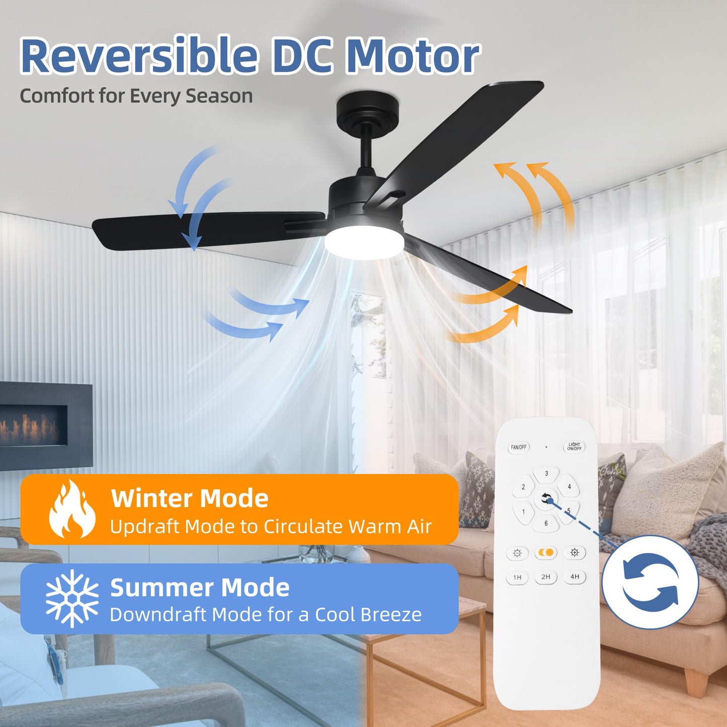 hykolity 52 Inch Ceiling Fan with Light and Remote Control, 3CCT Dimmable LED Light, Downrod & Flush Mount, Quiet DC Motor, Modern Black Ceiling Fans for Bedroom Living Room Indoor
