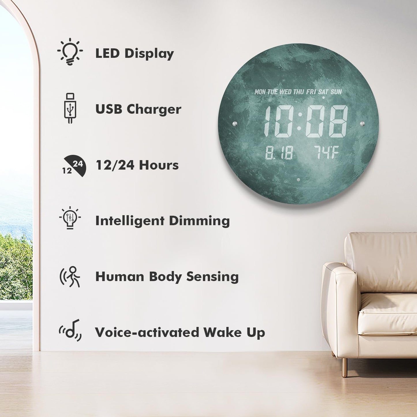 SCOAGE Digital Moon Wall Clock with Temperature/Time/Date, 12'' Modern Led Wall Clock Battery Operated, Smart Dimming, Large Display Decorative for Bedroom/Office/Kitchen