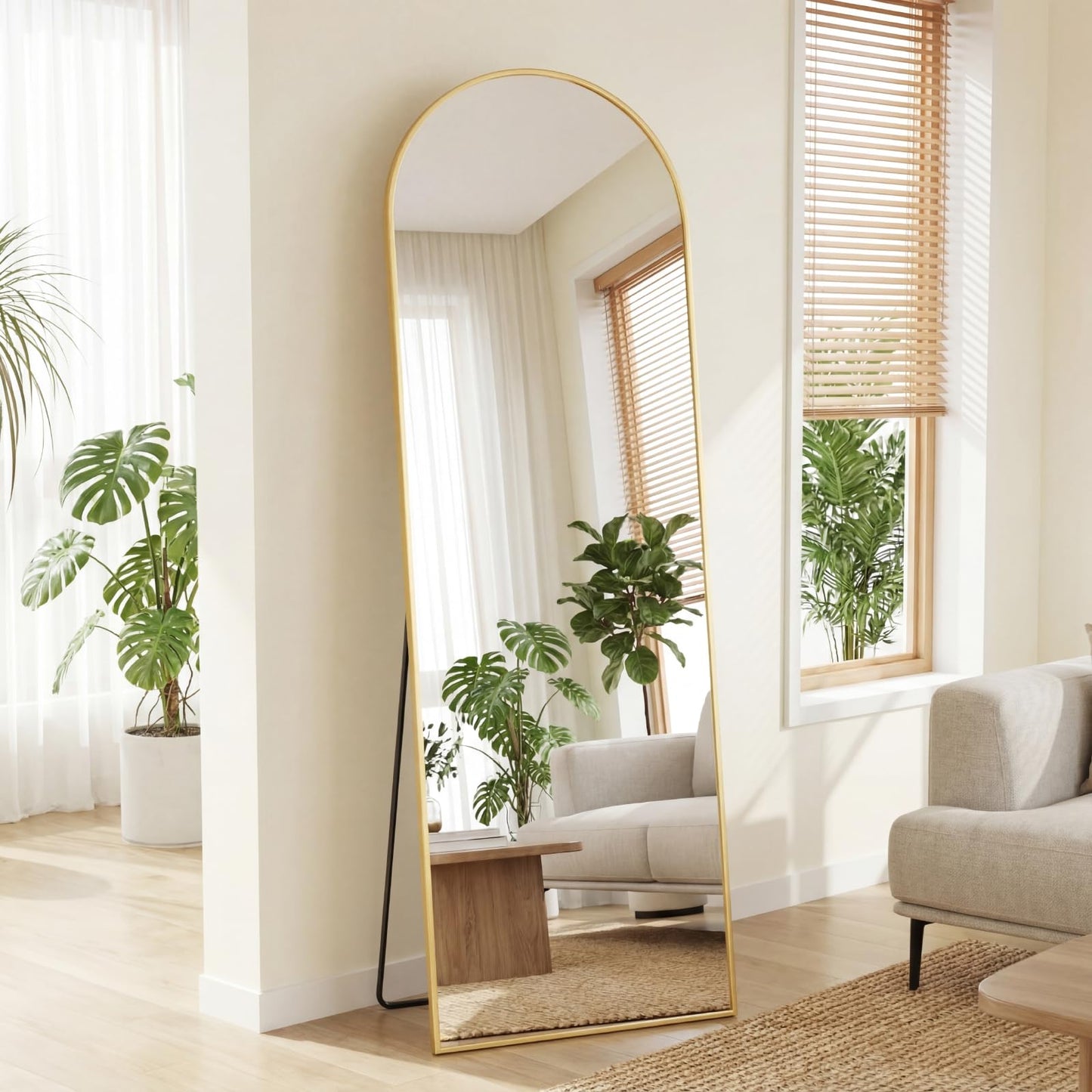 DUMOS Arched Full Length Mirror with Stand Floor Free Standing Aluminum Frame for Bedroom Body Hanging Leaning Modern Simple Home Decor Shatter-proorf Nano Glass Wall Gold 58"x19"