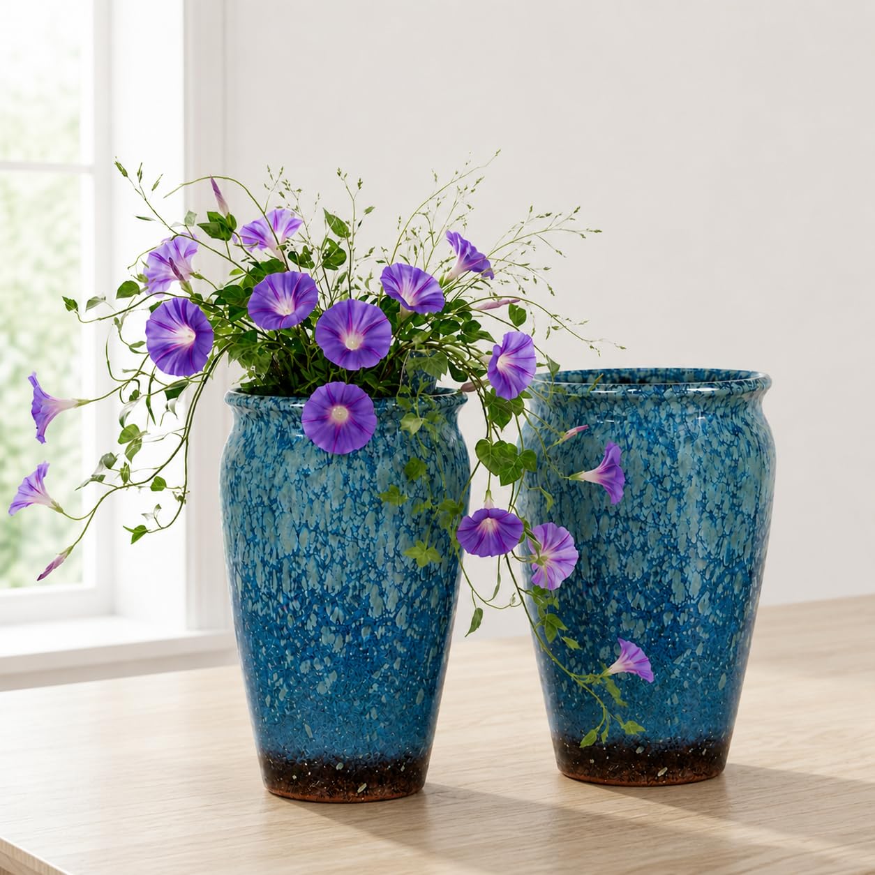 WildCorner Set of 2 8 Inch Ceramic Plant Pots with Drainage Holes, Reactive Glaze Planters for Indoor Plants, Decorative Flower Pots for Covered Outdoor Patio, Boho Housewarming Gift, Blue
