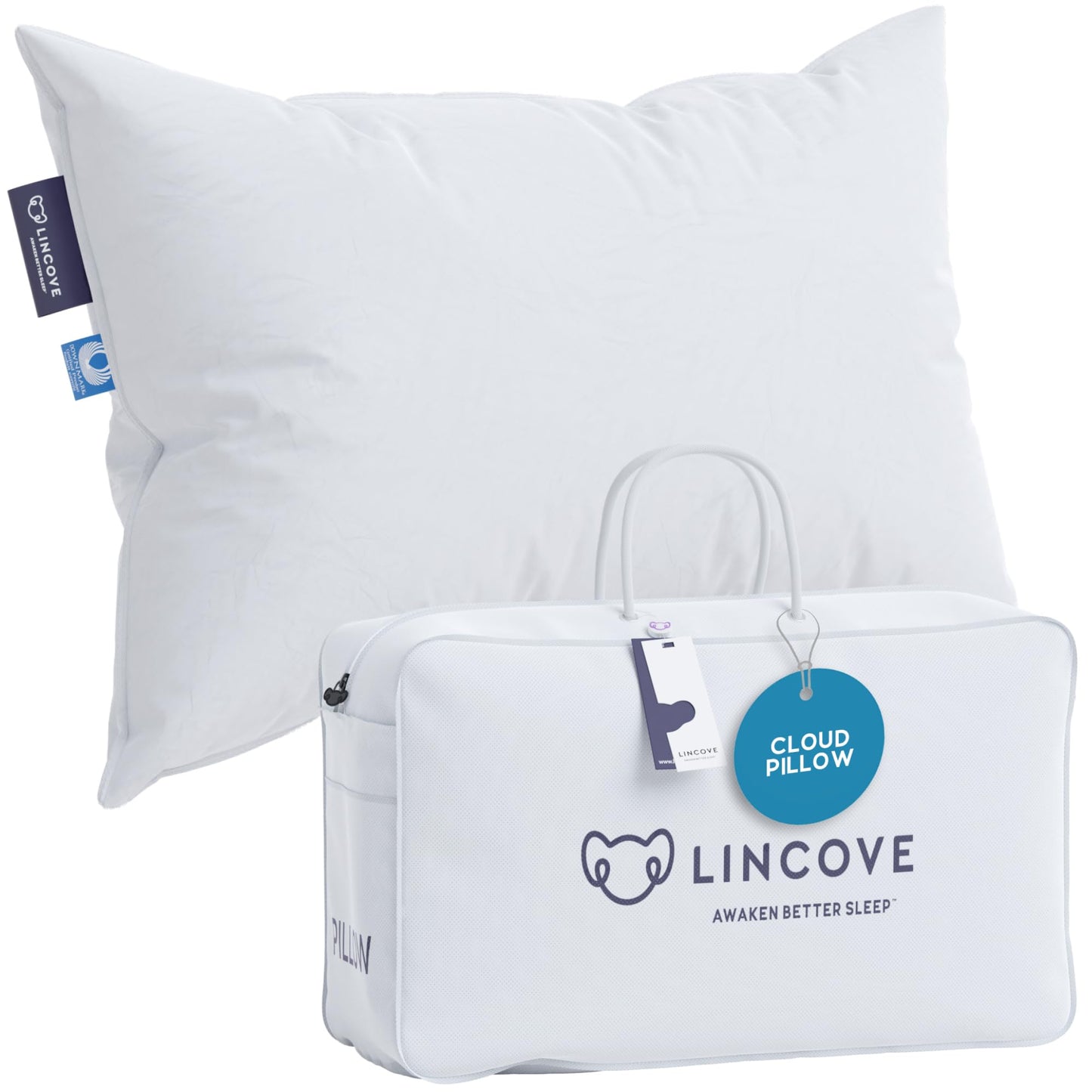 Lincove Cloud Natural Canadian Down and Waterfowl Feather Pillow, White Luxury Sleeping Pillow - 625 Fill Power, 500 Thread Count Cotton Shell, Made in Canada, Standard - Soft, 1 Pack