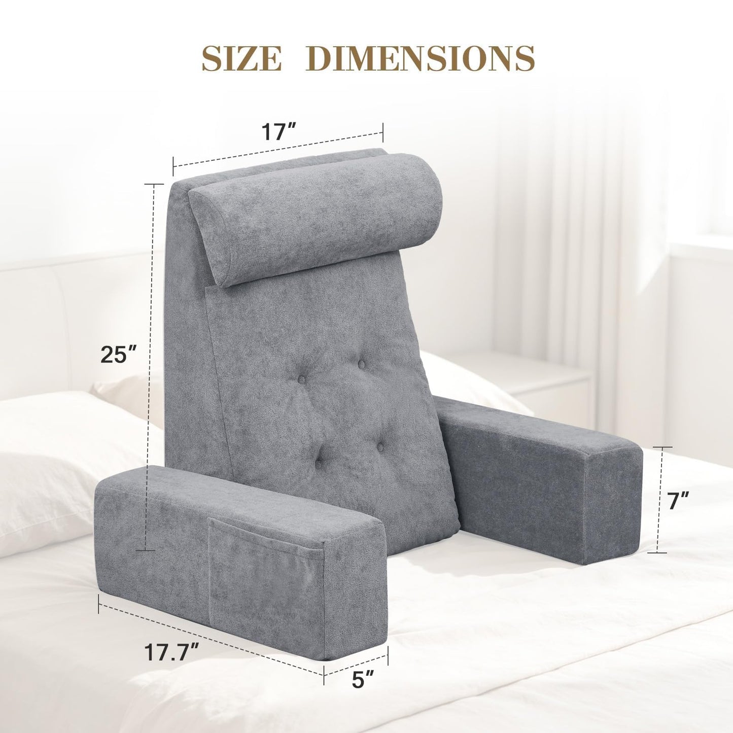 TANYOO Reading Pillow for Sitting Up in Bed Backrest Pillow with Armrests, Headrest and Side Pockets Dual Layer Back Support for Bed and Sofa Ideal for Adults Watching TV, Gaming, Recovery Dark Grey