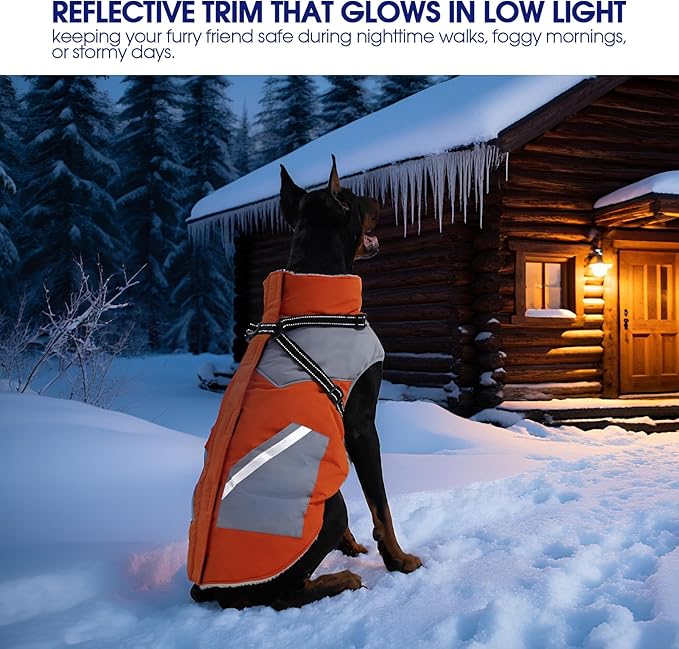 FUAMEY Dog Winter Jackets for Small Dogs,Dog Coat with Harness Built in,Waterproof Dogs Snowsuits Warm Pet Jacket Zip Up Fleece Cold Weather Coats Reflective Safety Pets Hunting Vest Orange XS