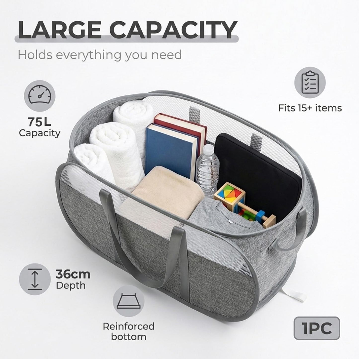 Collapsible Laundry Baskets - 95L Tear Proof Pop Up Laundry Hamper with Easy Carry Handles,Foldable Laundry Basket,Honeycomb Mesh-Breathable,Large Hampers for Laundry,Bedroom,Bathroom,Grey