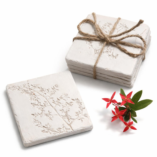 Ceramic Coasters Set of 4 – White Vintage Engraved Flower Design, Non-Slip Cork Base Coasters for Coffee Table, Bar & Home Decor