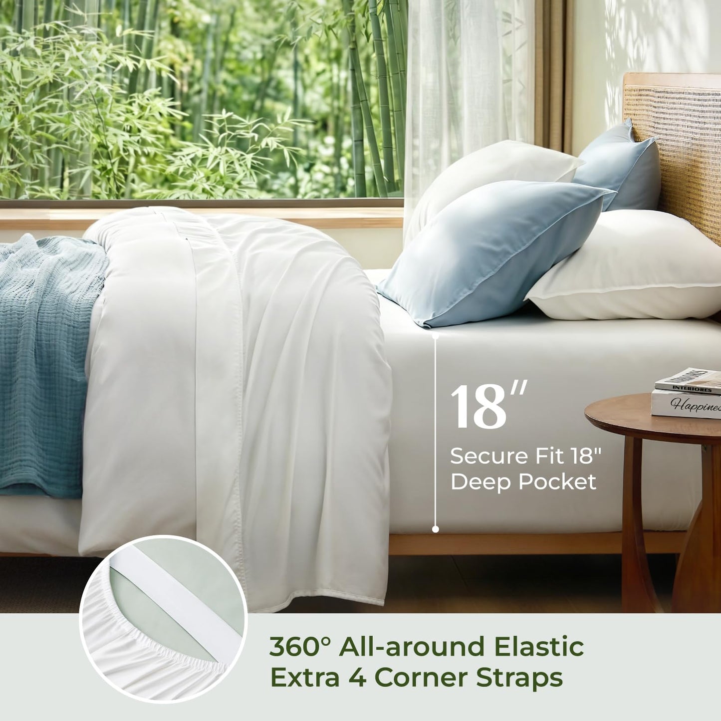 BEDELITE Bamboo Viscose Sheets - 100% Organically Grown, 18" Deep Pocket King Size Sheet Set, All Round Elastic & Corner Straps, Luxury Silky Soft Cooling Sheets for Hot Sleepers, 4 Pieces, White